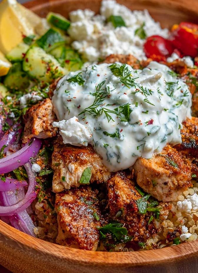 21 High-Protein Bowls That'll Keep You Full Without The Food Coma 4 Greek Chicken Bowl with Tzatziki